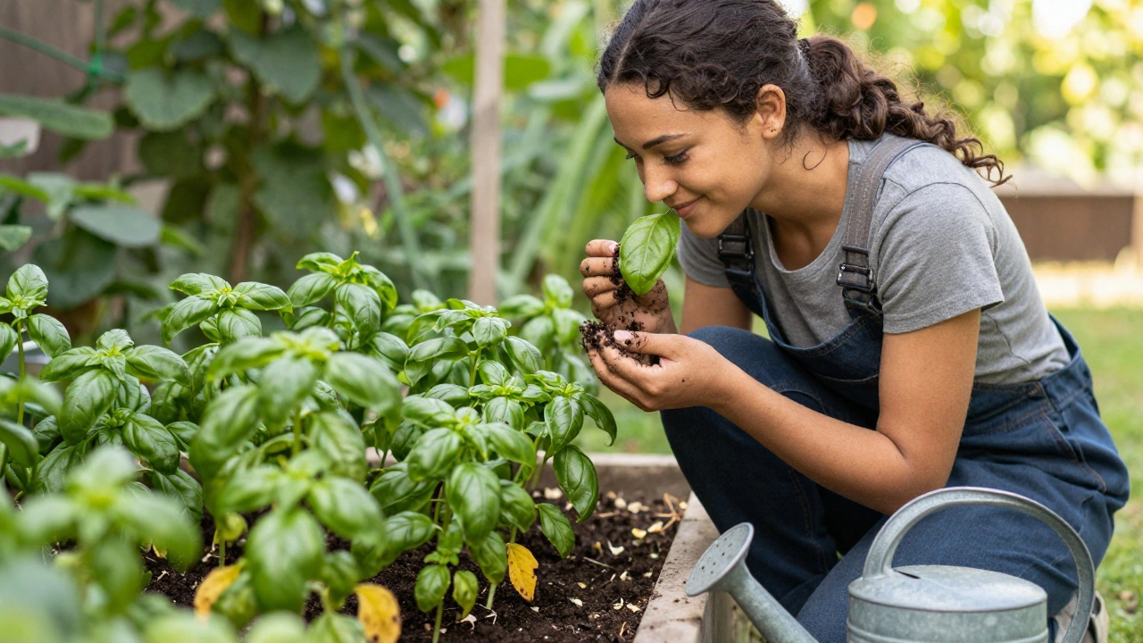 A gardener smiling beside thriving basil plants, soil on hands, morning light.
