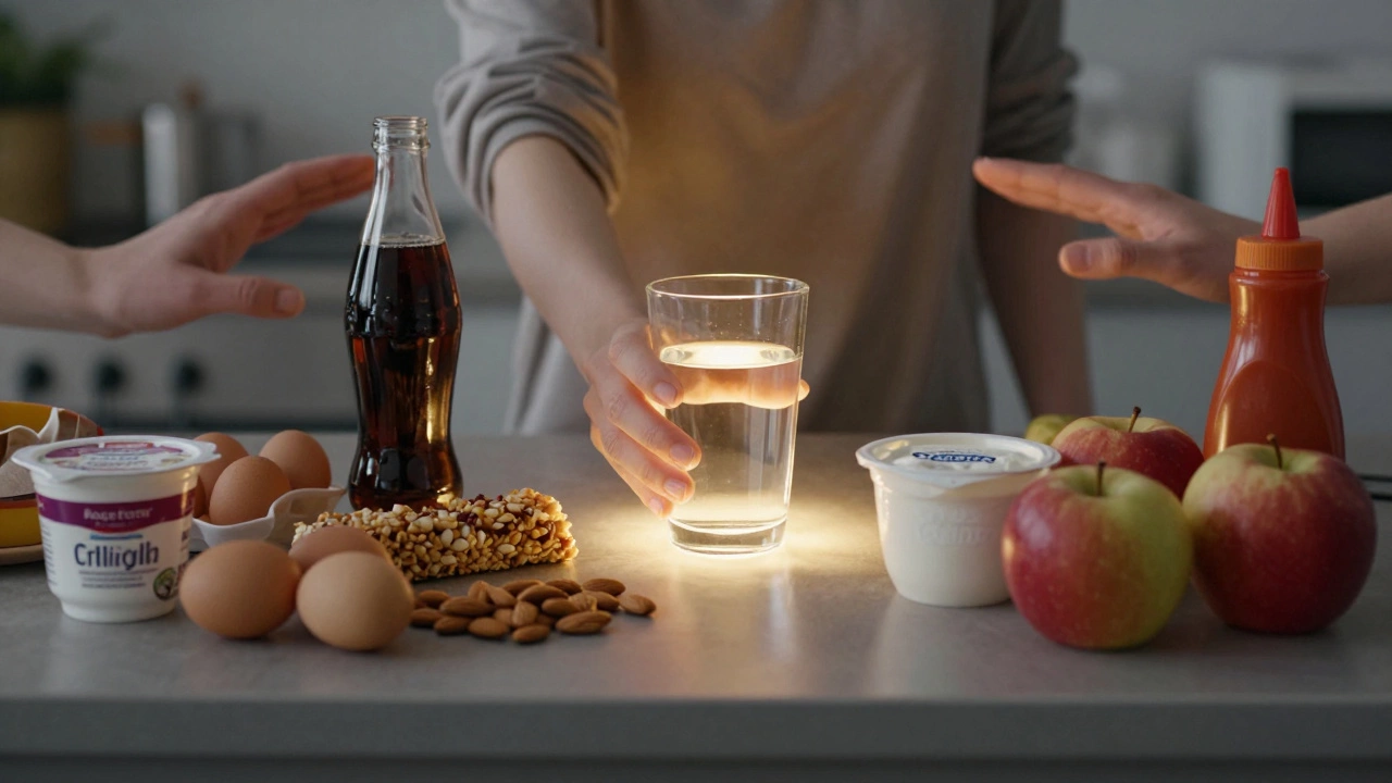 A person choosing healthy foods over sugary snacks, with unhealthy items being pushed away.