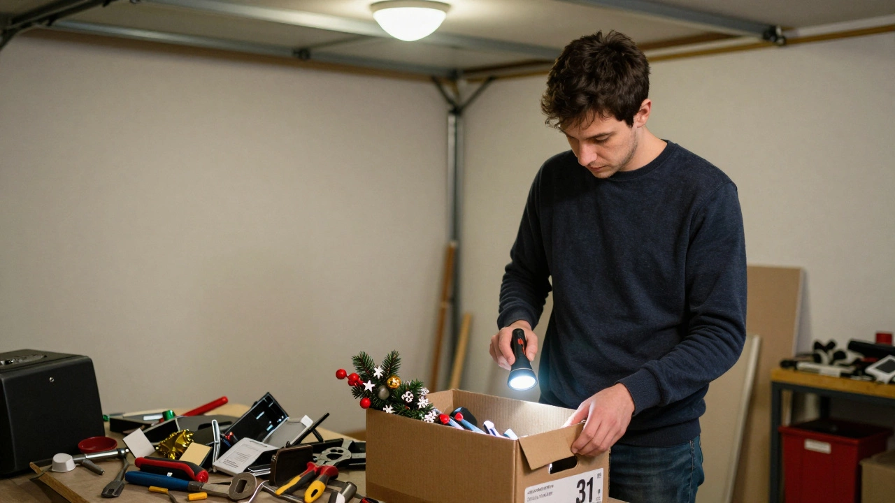A person examining items from a box in a cleared garage on day 31 of a minimalism experiment.