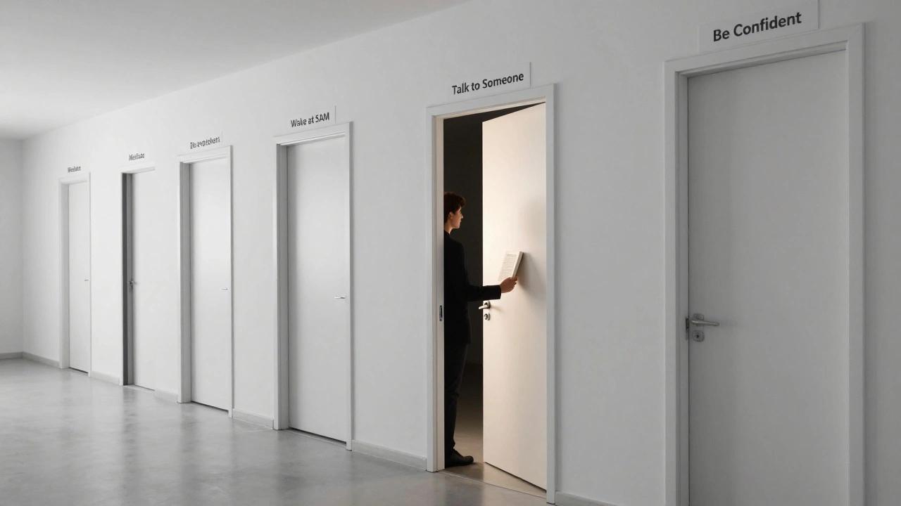 A person standing before many dark doors labeled with self-help advice, reaching toward one open door with light.