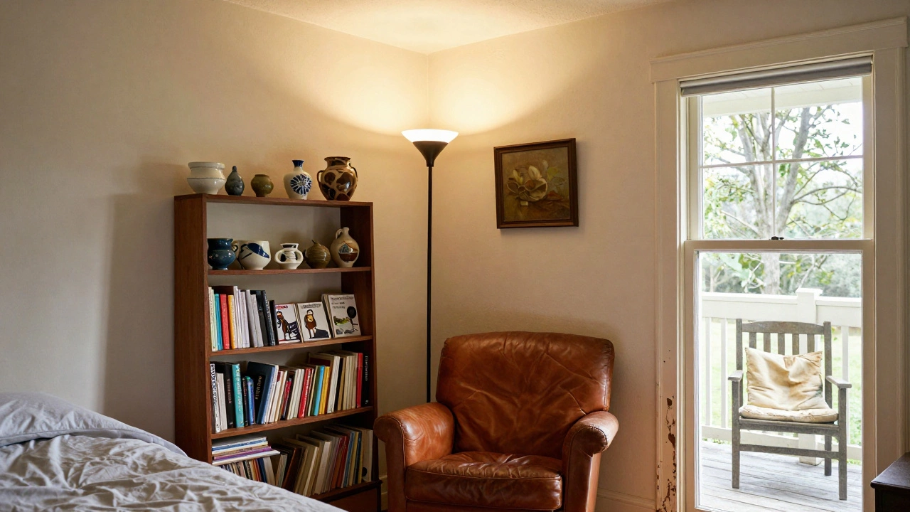 A sunlit bedroom with a ceiling-directed lamp, worn leather chair, and chipped doorframe from childhood memories.