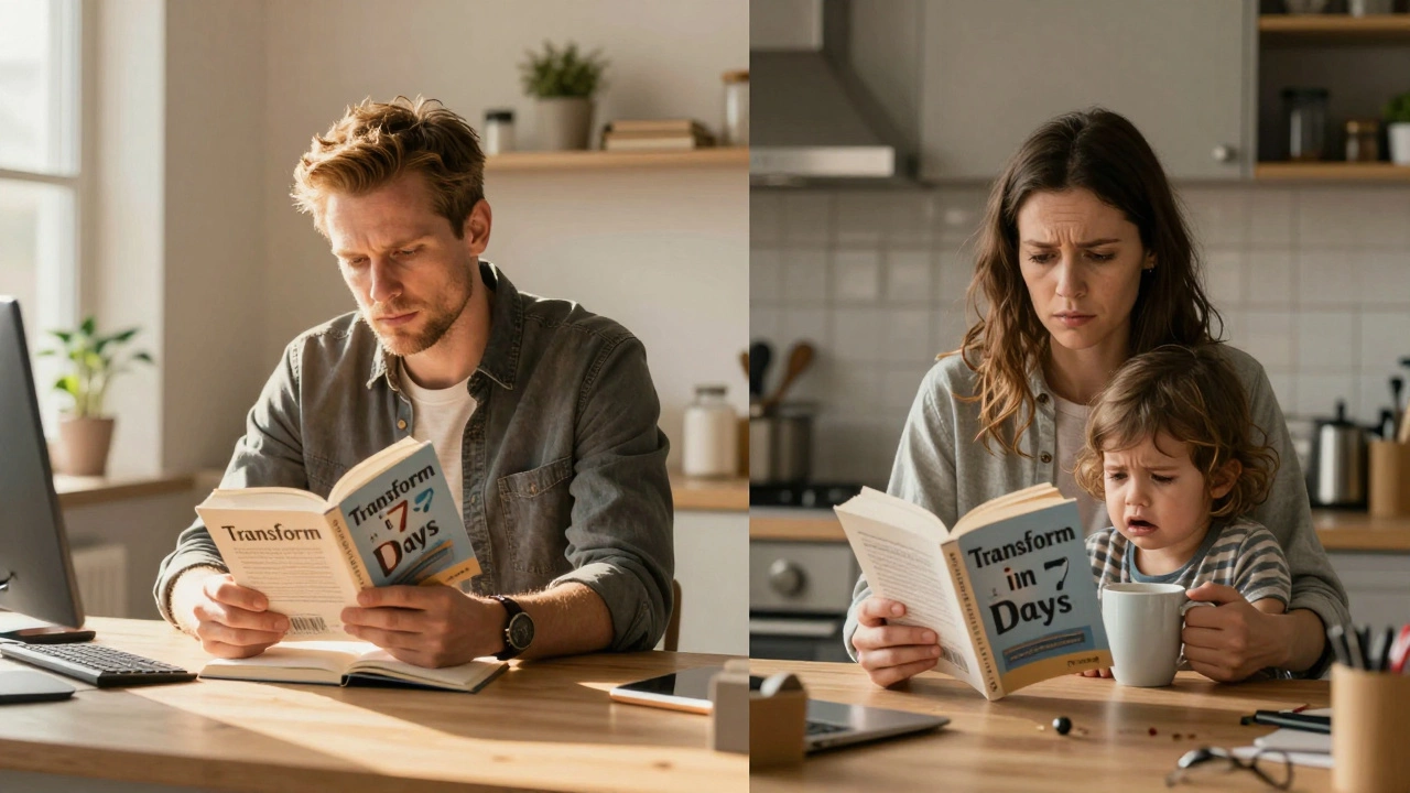 A wealthy author writing a self-help book next to a exhausted parent struggling in a chaotic kitchen.