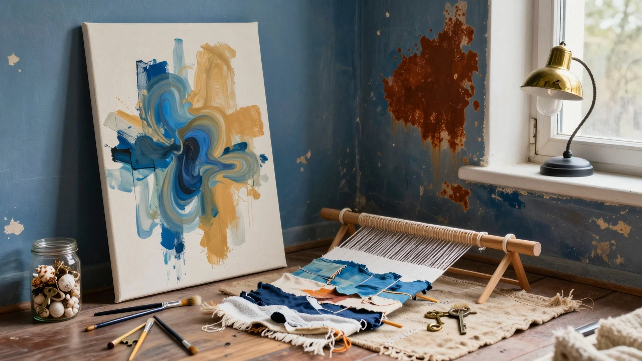 An artist’s corner with abstract painting, woven rug, and jar of collected seashells and keys.