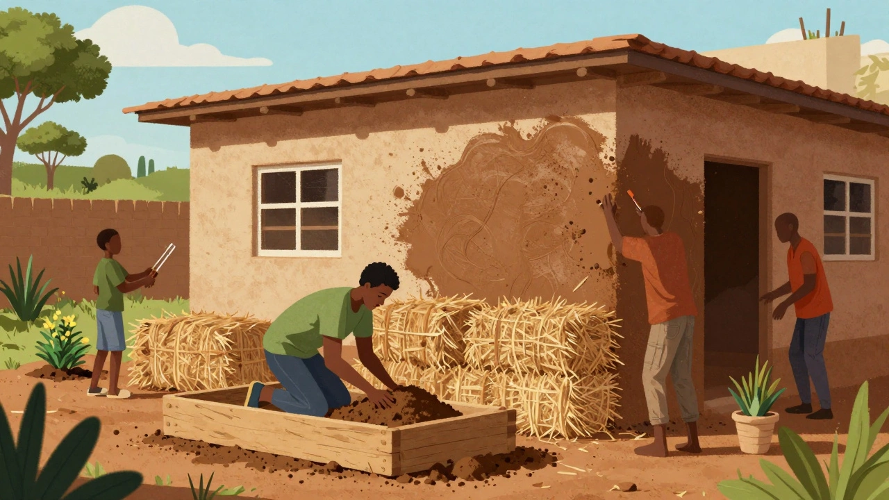 Community members working together to build a home using straw bales and clay plaster in South Africa.