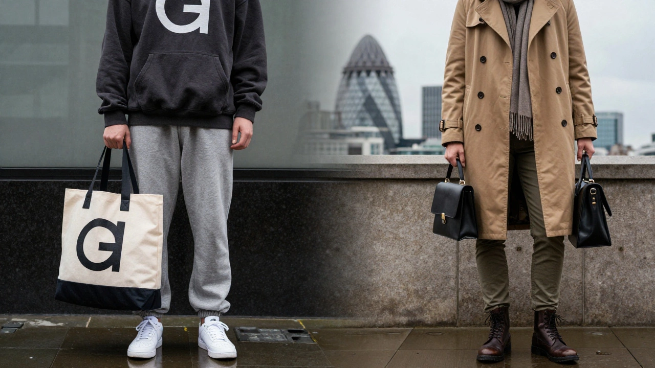 Contrast between a tourist in loud athletic wear and a local in muted, tailored clothing on a rainy London street.
