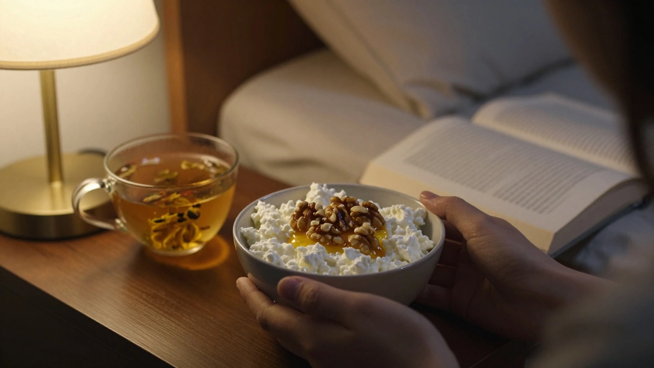 Cottage cheese with walnuts and honey as a bedtime snack under warm lamplight.