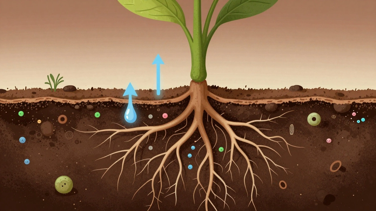 Cross-section of plant roots in rich soil with air pockets and nutrient flow, illustrating underground plant needs.