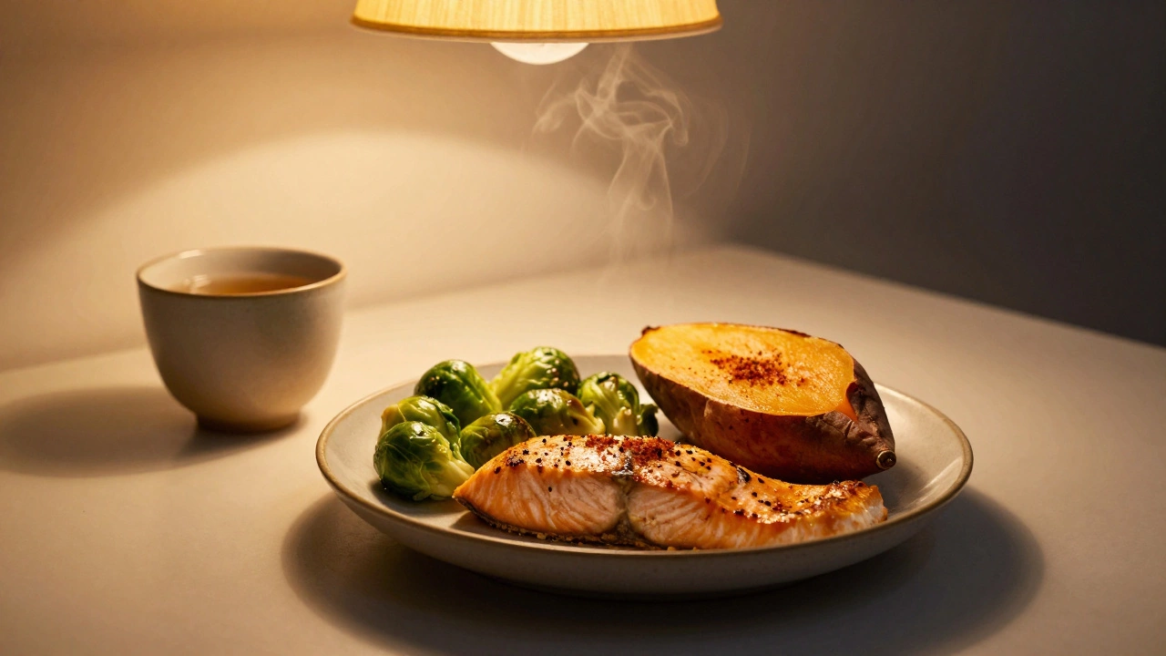 Dinner of baked salmon, roasted Brussels sprouts, and sweet potato with herbal tea.