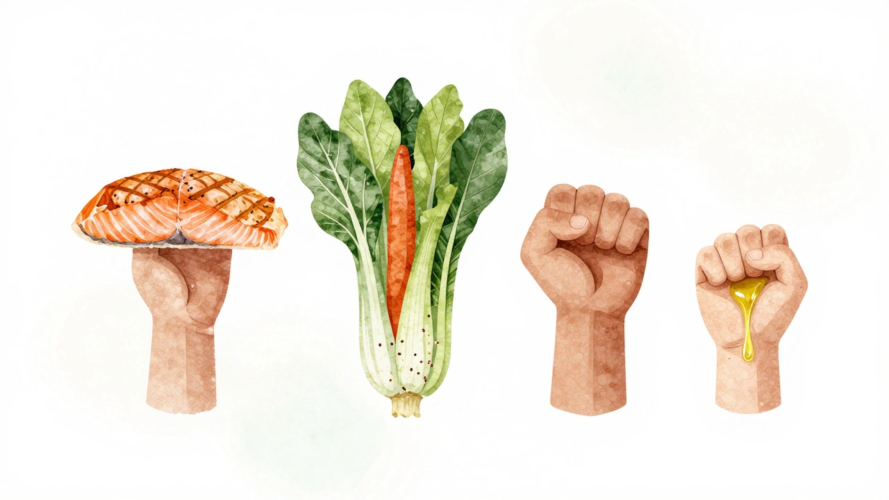 Four healthy food portions arranged as pillars: salmon, vegetables, quinoa, and olive oil.