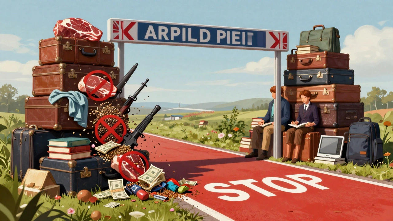 Giant border checkpoint with forbidden items spilling out vs. allowed items on the safe side.