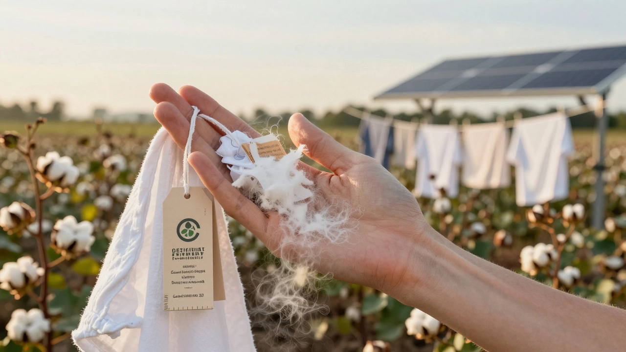 Hand holding certified organic cotton garment as synthetic fabrics dissolve into smoke behind.