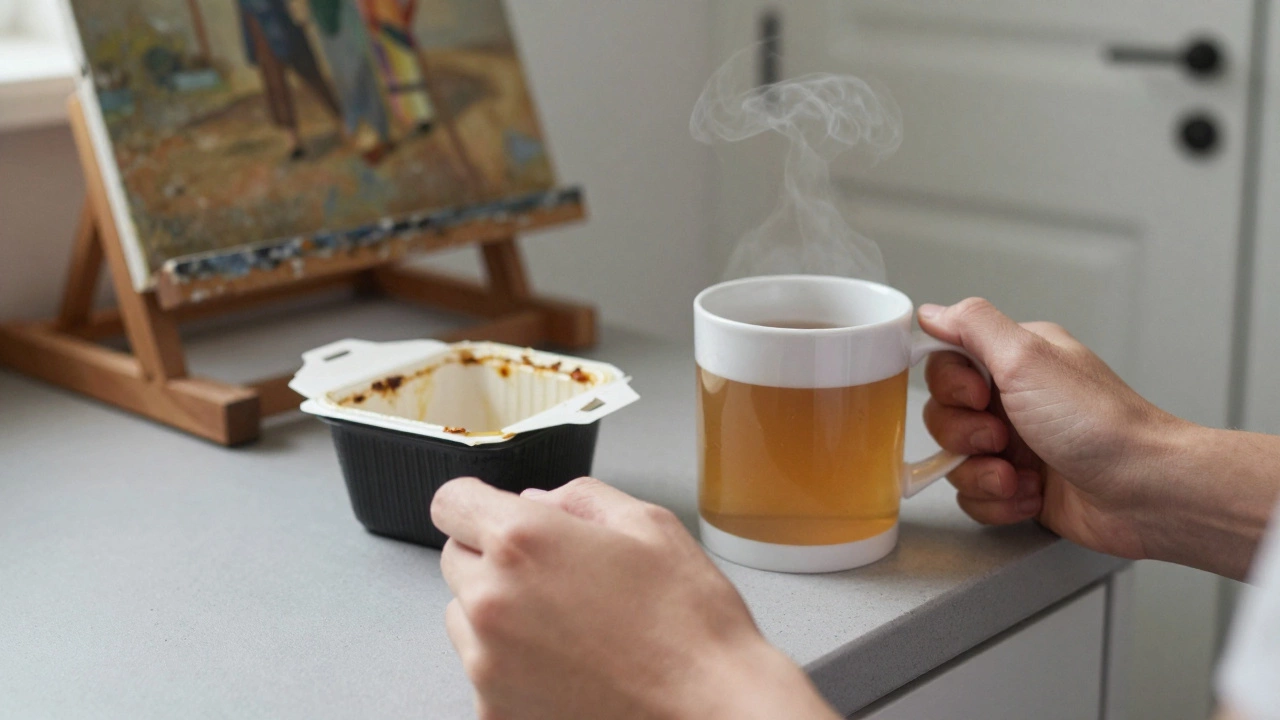 Hands gripping a counter beside untouched food and forgotten creative tools.