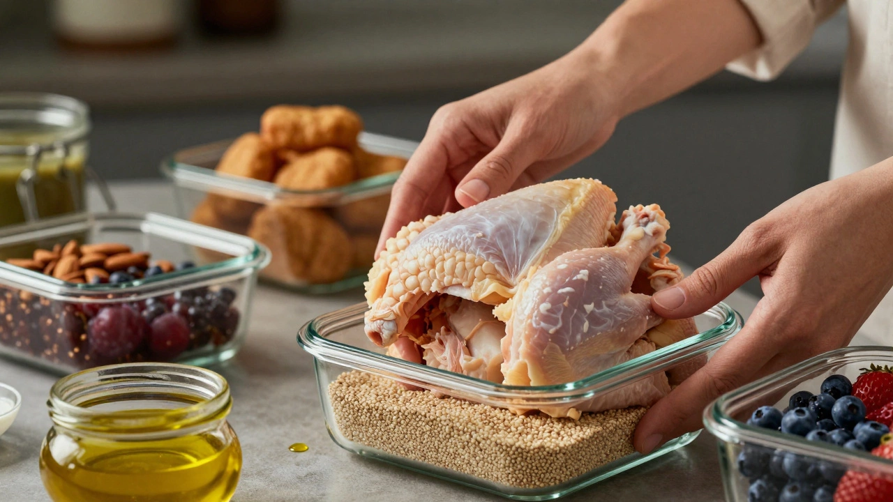 Hands packing fresh ingredients into glass containers while processed foods fade away in the background, representing conscious meal prep.