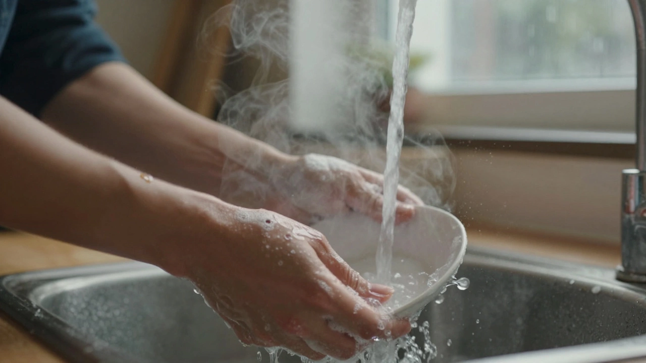 Hands washing dishes, focused on the flow of water and soap bubbles.