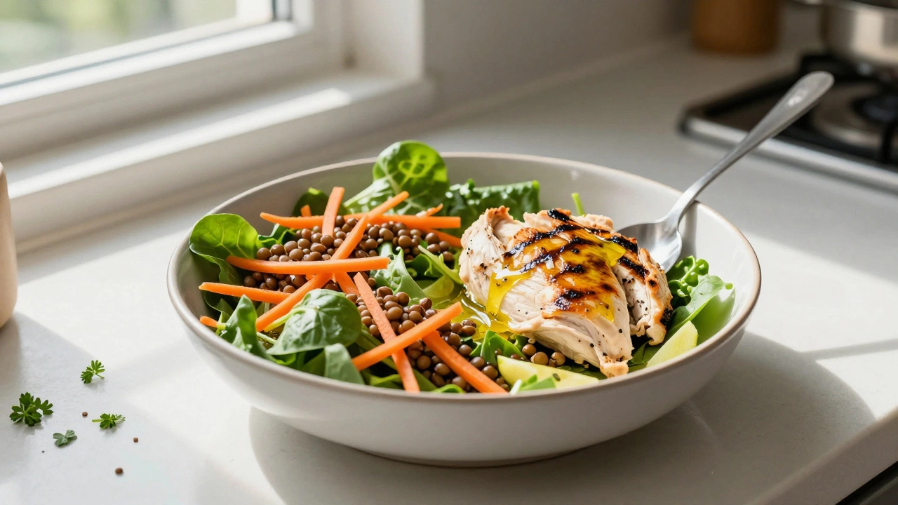 Lunch bowl of mixed greens, lentils, and grilled chicken with lemon dressing.