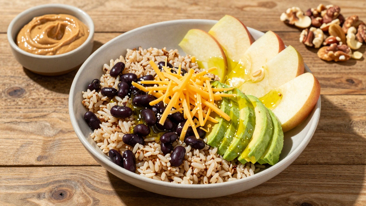 Lunch bowl with rice, beans, avocado, cheese, and olive oil, served with apples and nuts.