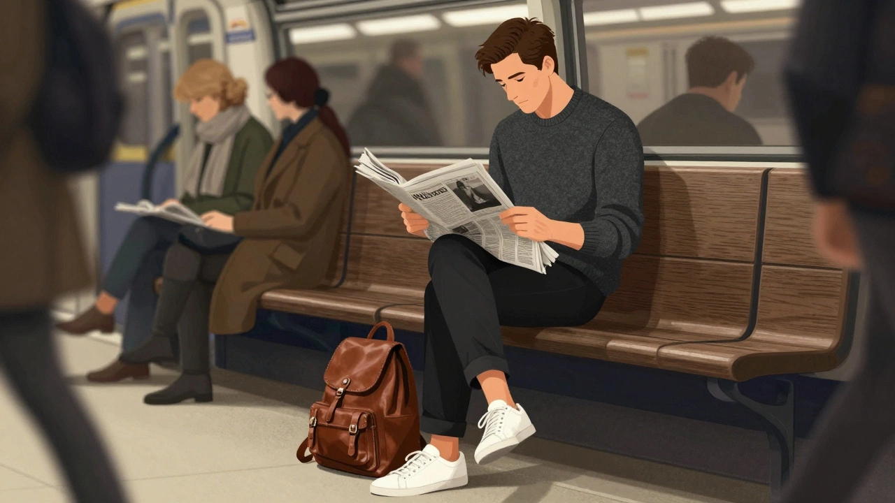 Man on a London Tube train wearing a charcoal sweater and clean sneakers, reading a newspaper with minimal accessories.