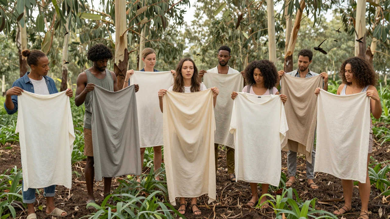 People holding sustainable garments on a regenerative farm with healthy soil and trees.