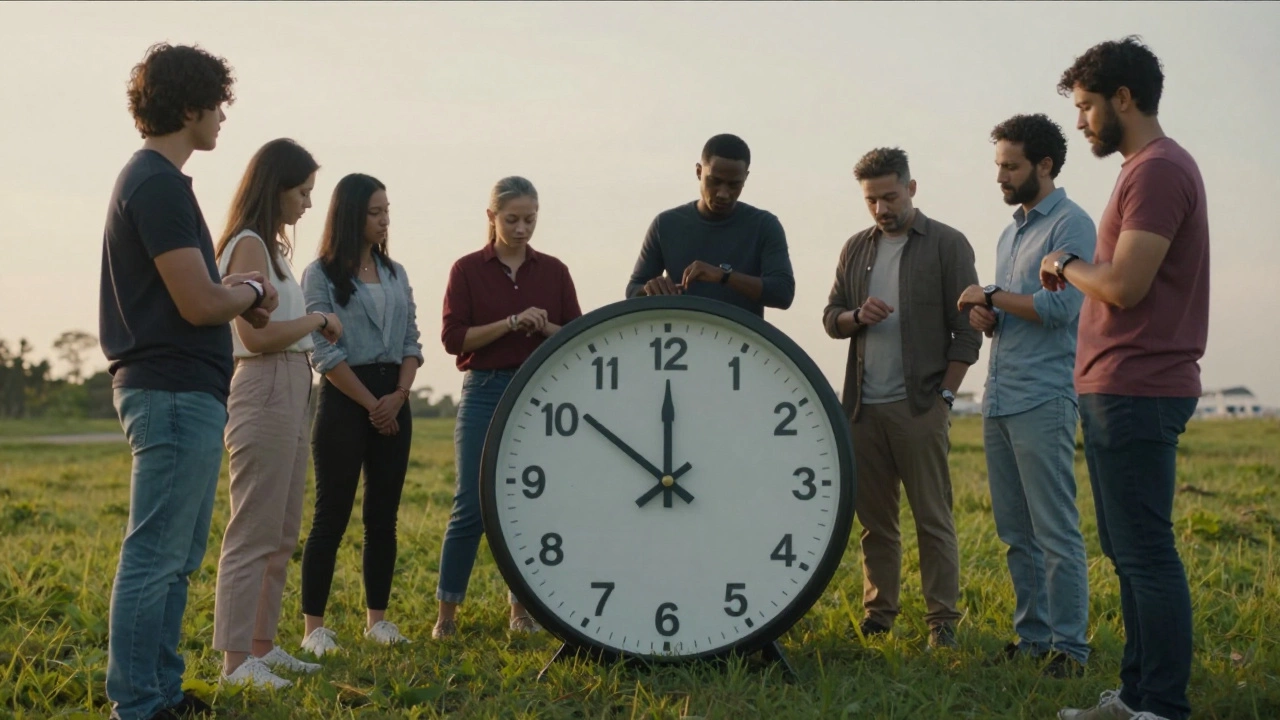 Professionals standing around a broken clock in a field at golden hour, ignoring it.