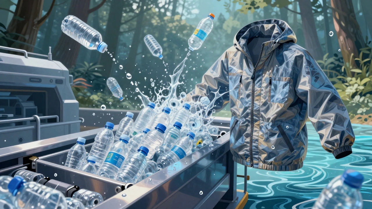 Recycled polyester jacket being made from plastic bottles in a futuristic recycling system.