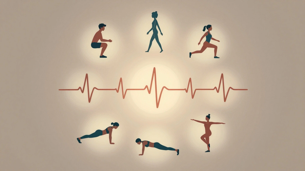 Seven circular workout icons connected by heartbeat-like lines in muted earth tones.