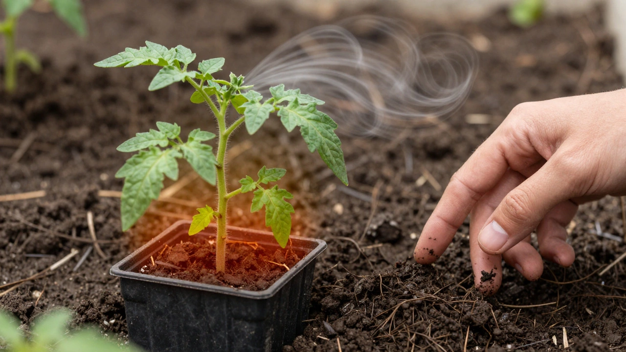 Side-by-side tomato plants in pot and ground, with heat stress and hand checking soil, representing space and watering needs.
