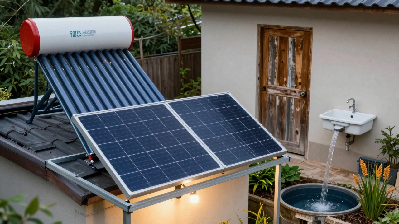 Solar panel and water heater powering a simple home with greywater irrigation and recycled fixtures.