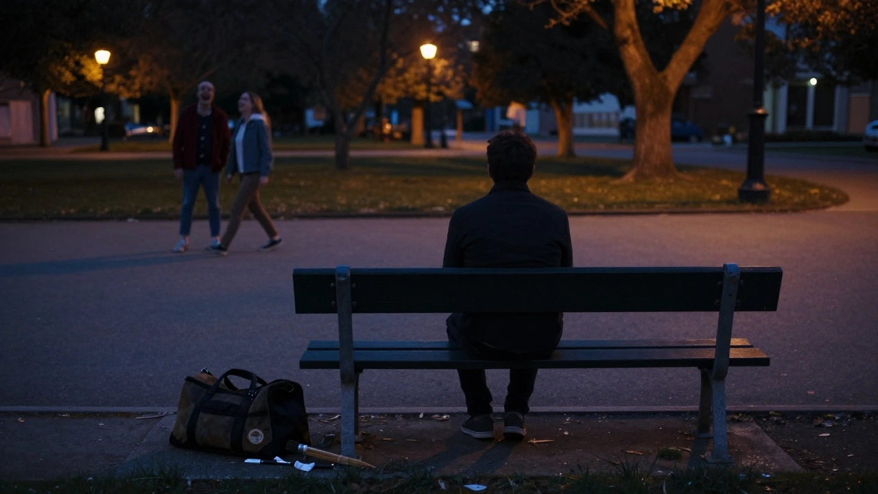 Someone alone on a park bench with abandoned hobbies nearby, others blurred in the distance.