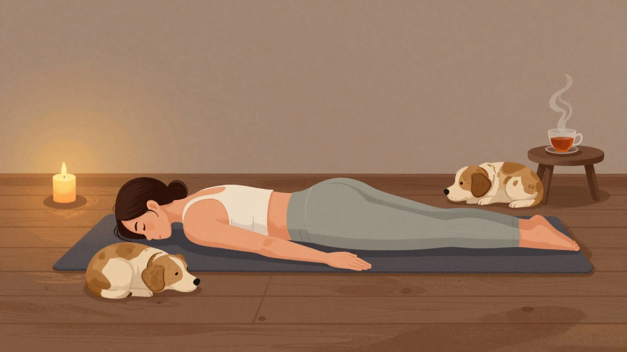 Someone doing gentle yoga with a dog nearby during evening recovery, candlelight and tea visible.