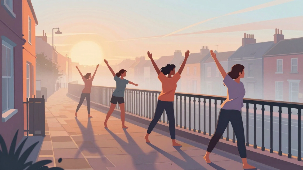 Someone performing dynamic stretches on a balcony at sunrise with soft morning light.