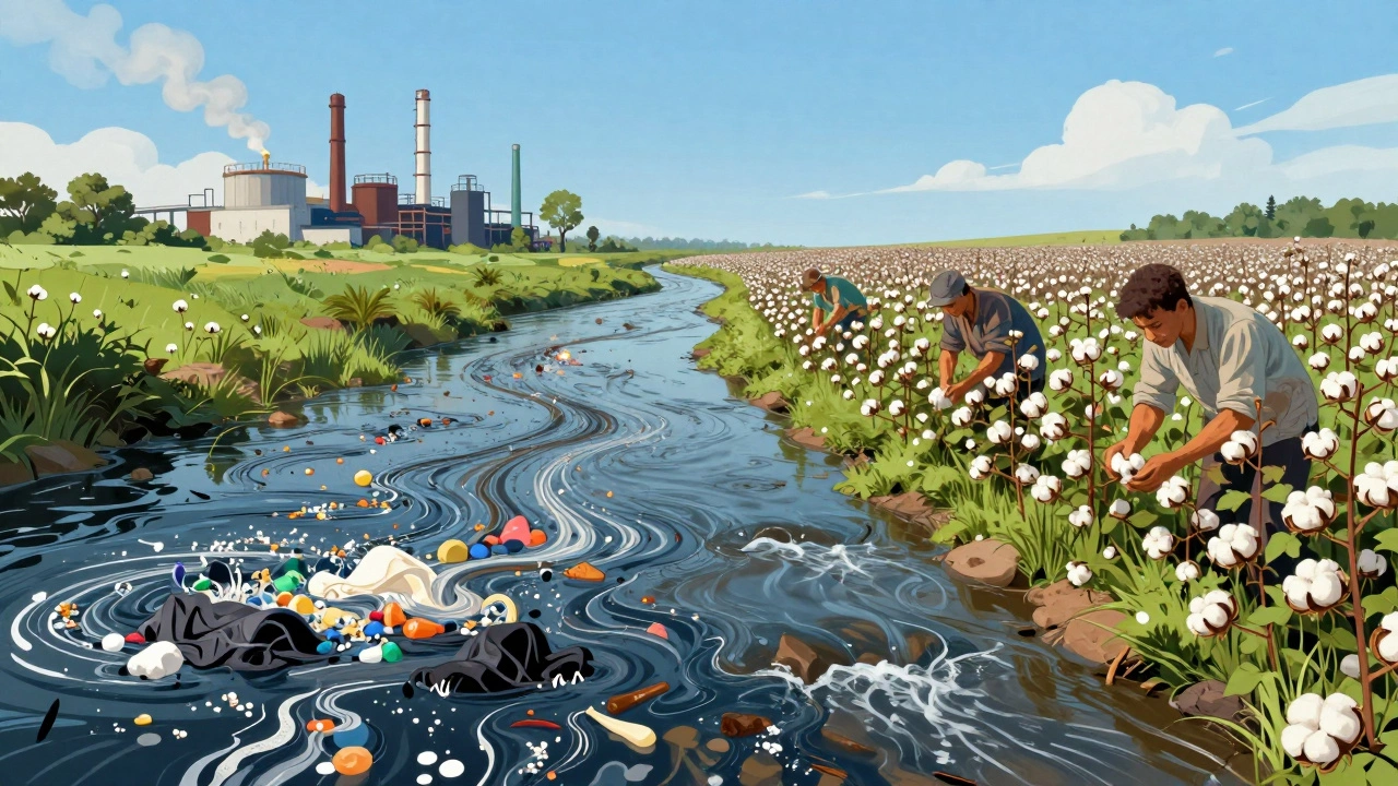 Split image: polluted river with microplastics vs. clean stream beside organic cotton field.