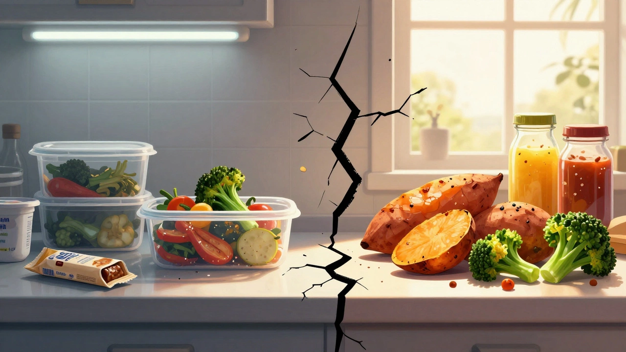 Split kitchen scene: dull, soggy prepped meals on one side, vibrant whole foods on the other, symbolizing healthy food transformation.