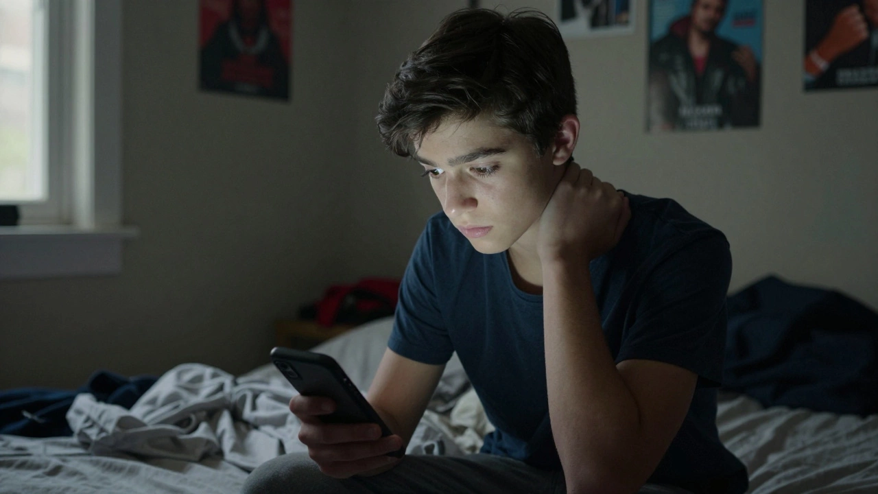 Teenager pausing phone use, noticing physical tension in dim room.