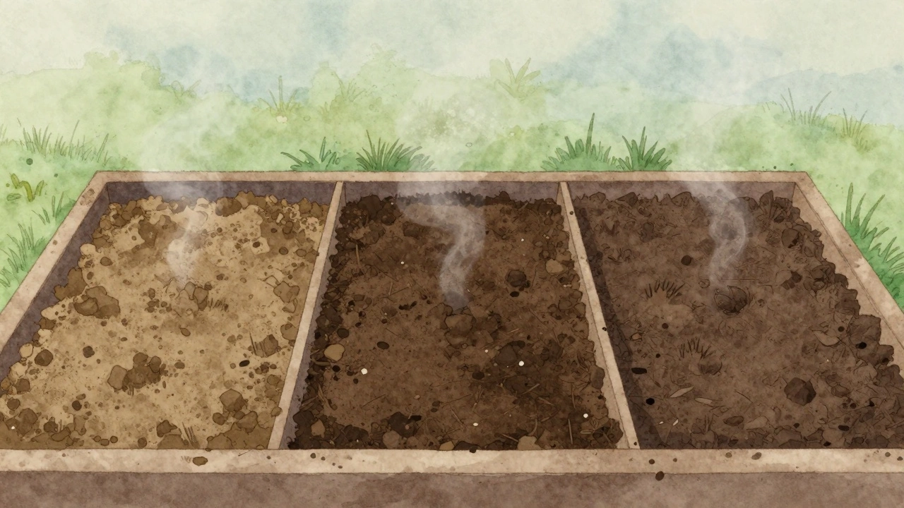 Three sections of a garden bed showing different soil conditions after tilling.