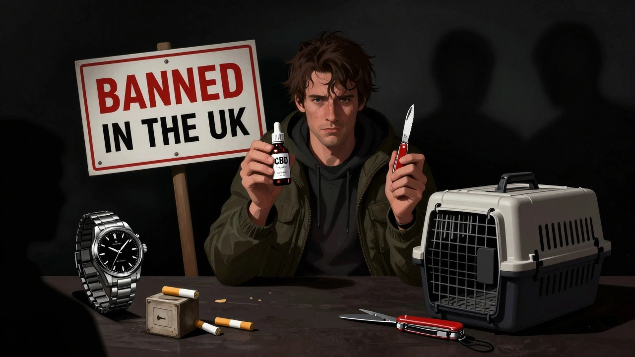 Traveler holding banned CBD oil and knife, surrounded by shadowy confiscated items under dramatic lighting.