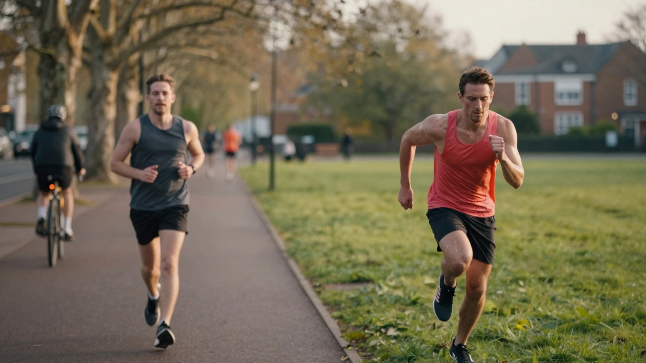 Two different cardio activities: walking on a path and sprinting on grass during golden hour.