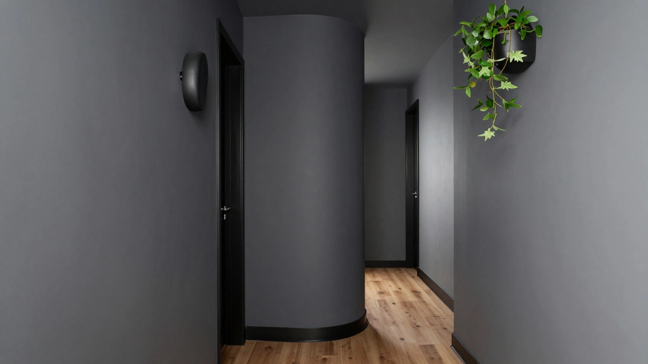 A narrow hallway with a dark charcoal wall wrapping around a corner, lit by a sculptural sconce and subtle tonal gradients.