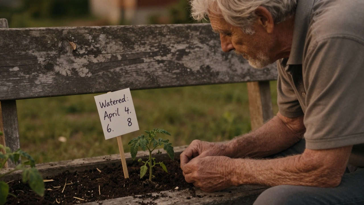 Elderly gardener sitting at dusk beside a single tomato plant with a handwritten note
