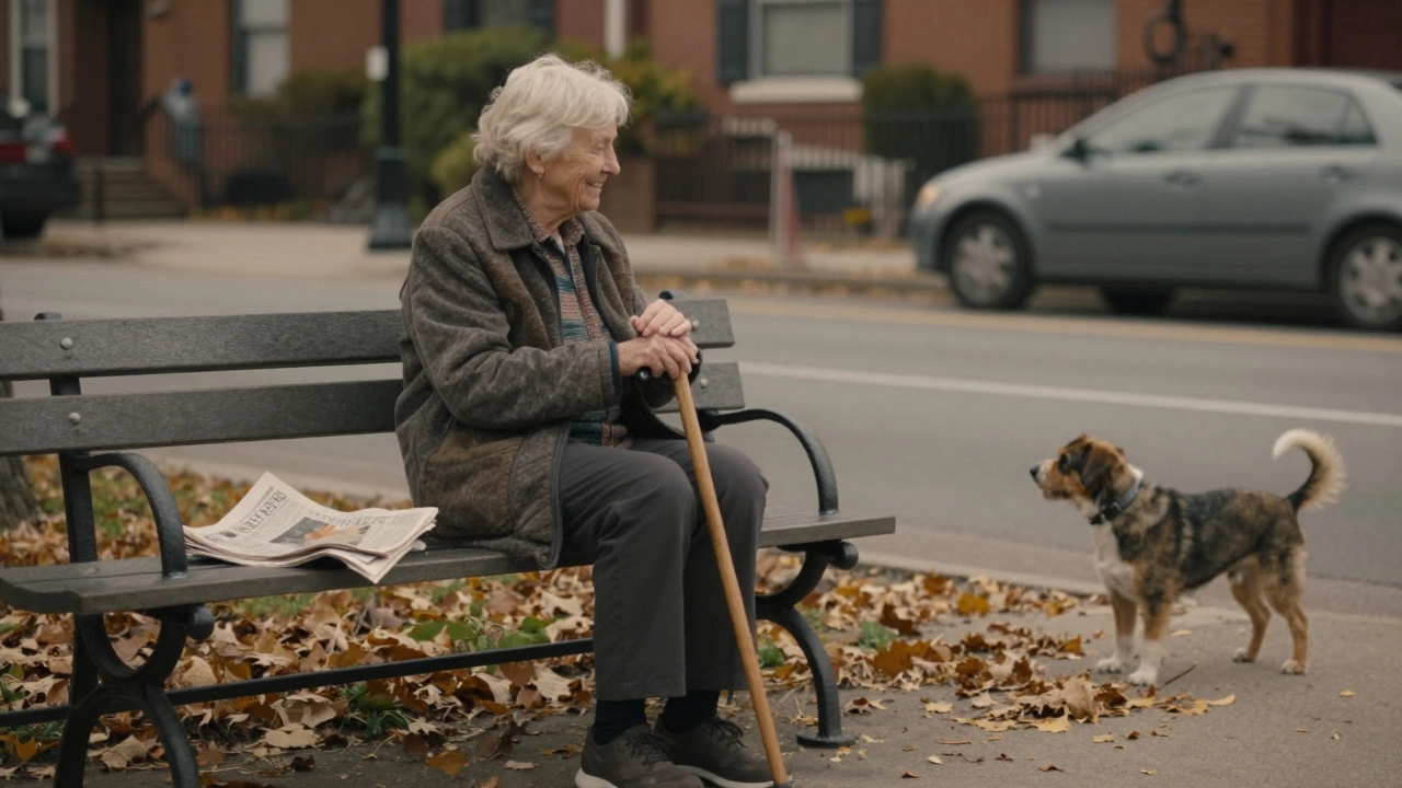 Elderly person smiling on a park bench, observing neighborhood life with autumn leaves around them.