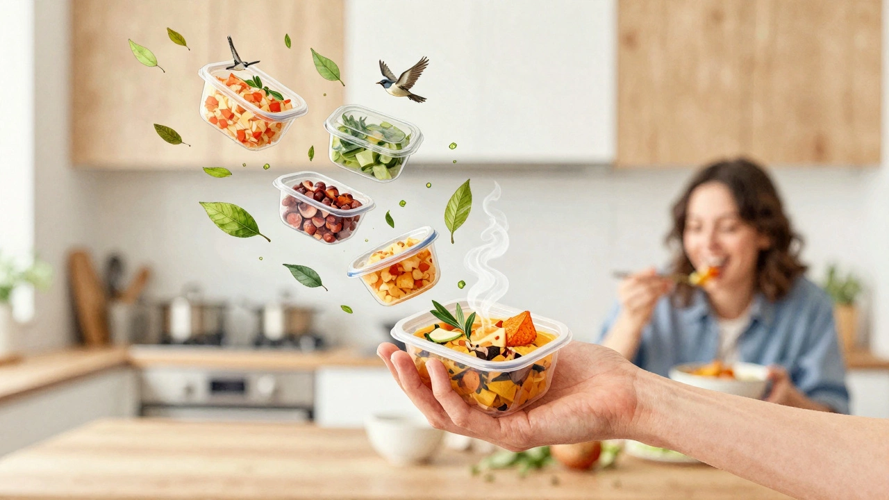Hand releasing meal prep containers that turn into leaves and a curry bowl, symbolizing freedom from rigid routines.