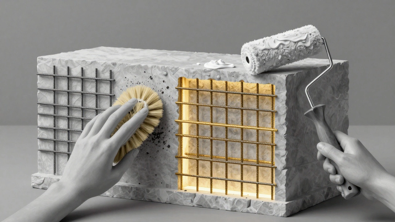 Human skin depicted as a building with serum as rebar, moisturizer as paint, cleanser as brush.