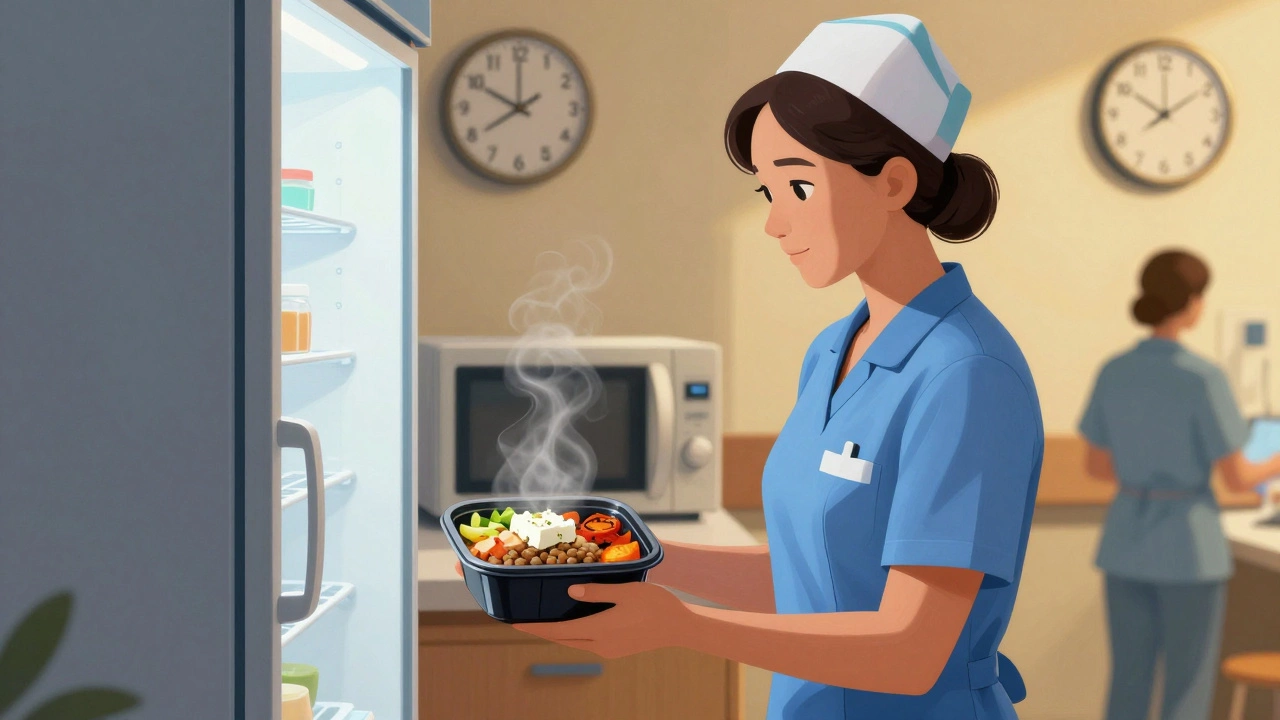 Nurse grabbing a cold meal prep bowl from a hospital fridge during a busy shift.