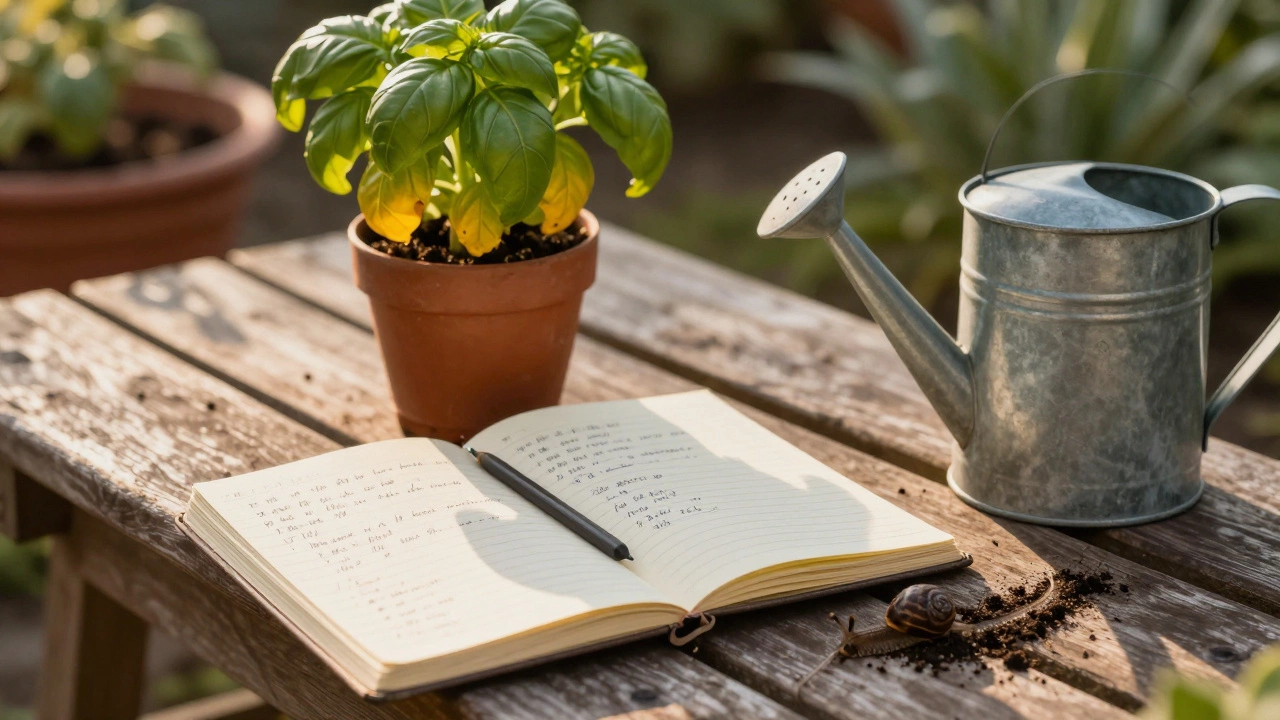 Open gardening journal beside a thriving basil plant with watering can and snail trail.