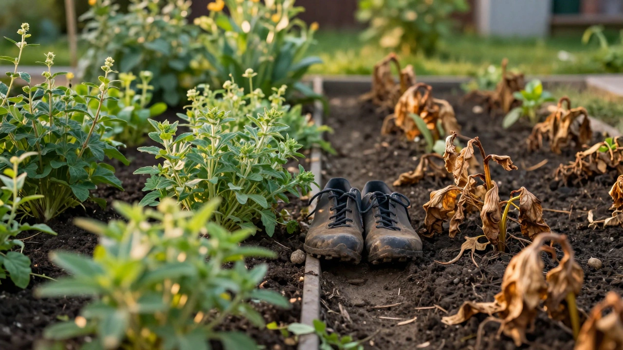 Split image of a thriving herb garden next to a dead patch with gardening shoes between them