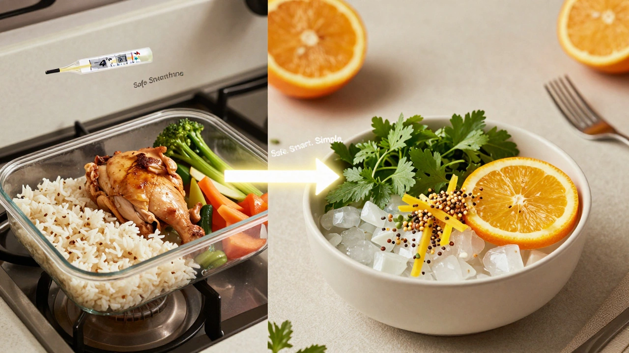 Split image showing proper meal cooling and cold eating with safety indicators.