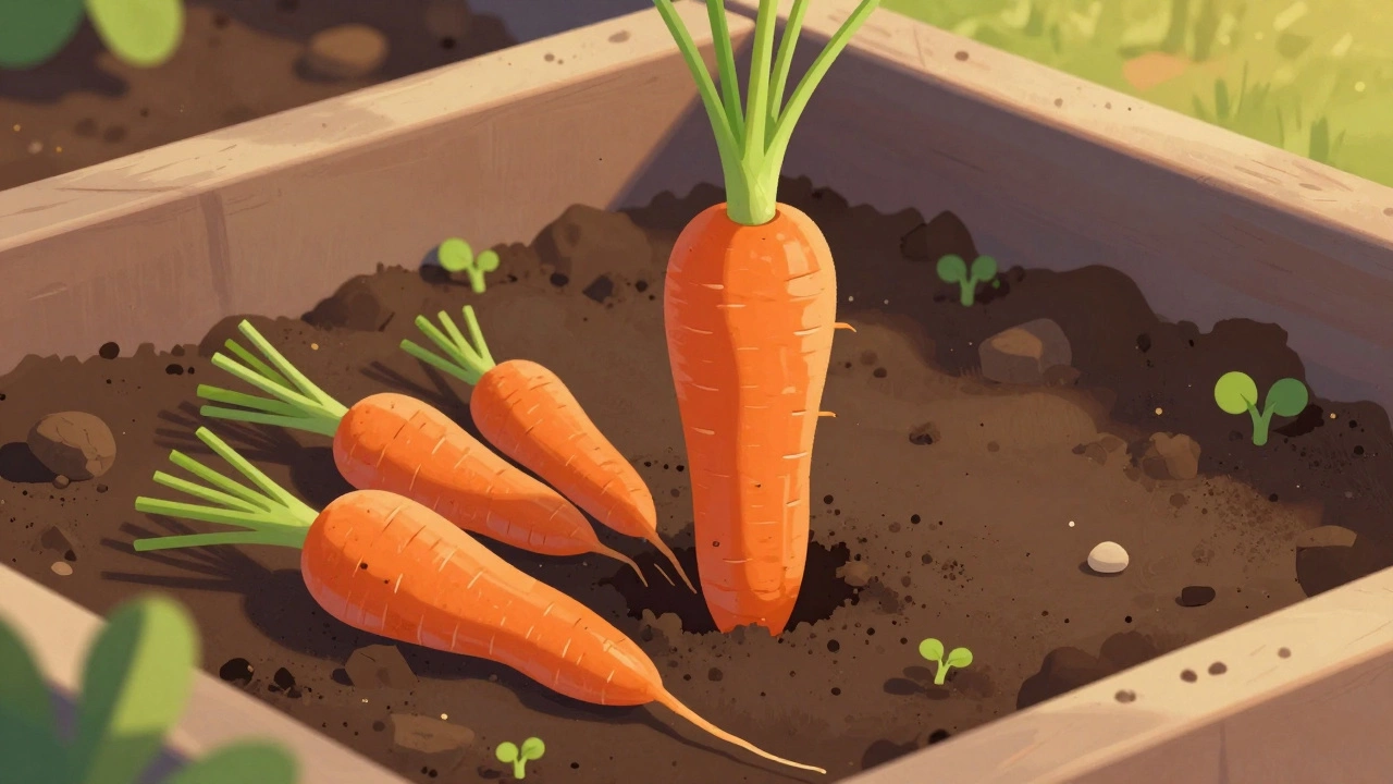 Straight carrot growing in loose soil beside twisted ones and radish sprouts.