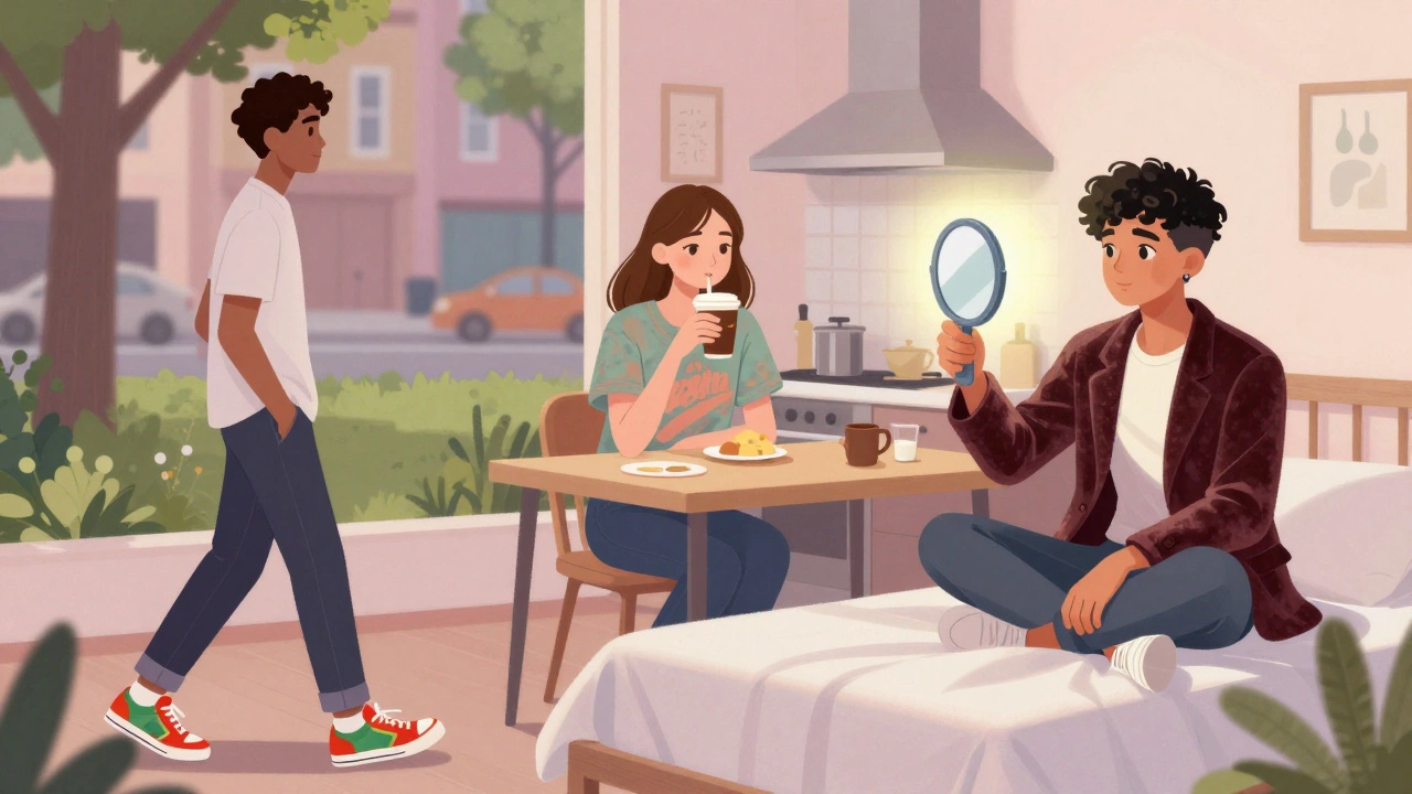 Three people in everyday settings looking at themselves in mirrors, each wearing clothing that brings them joy.