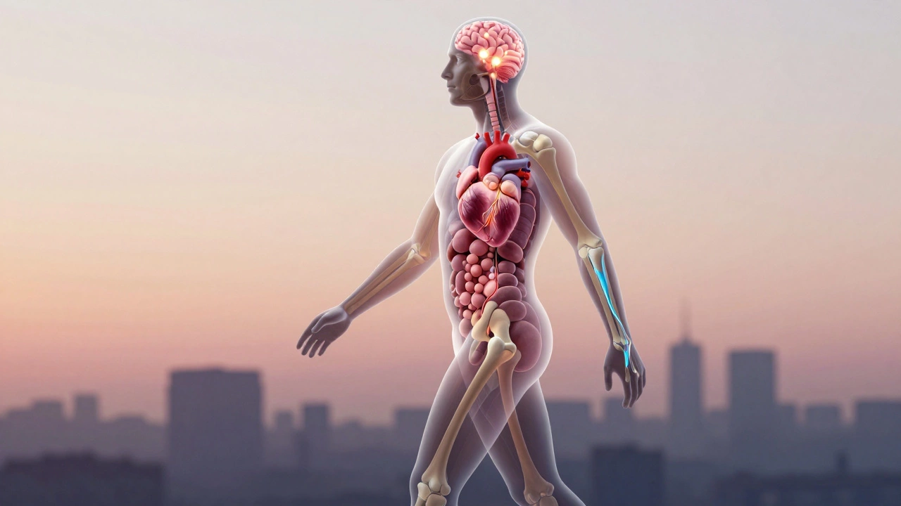 Transparent human figure showing improved heart, reduced fat, and glowing brain activity from daily walking.