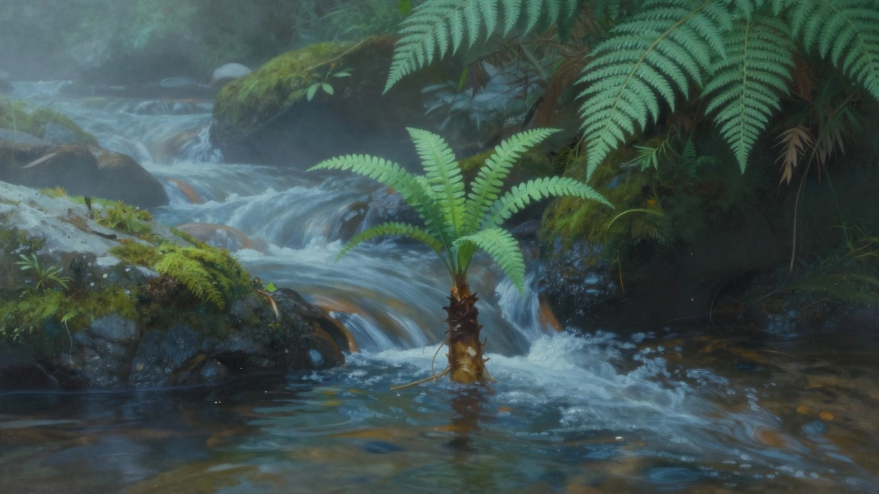 Wasabi plant in cool, misty stream with mossy rocks and shaded ferns.
