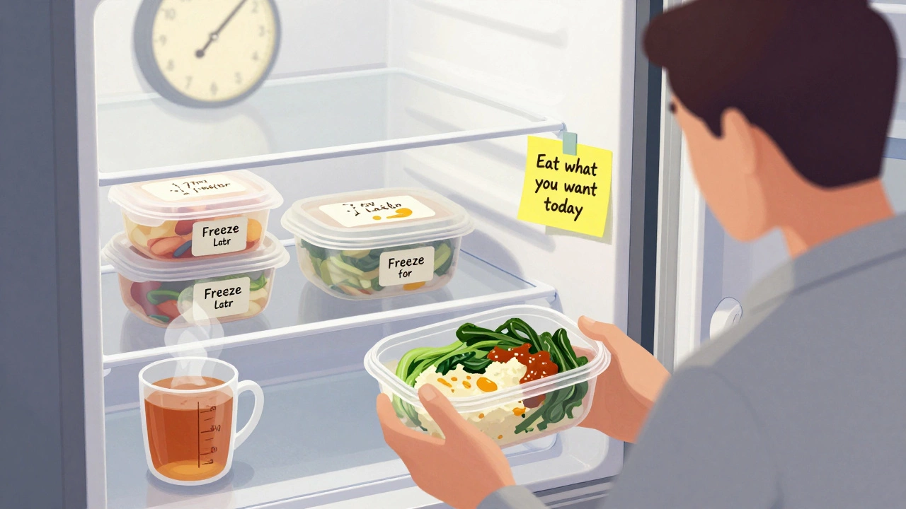 Wednesday fridge view with two half-eaten meals and fresh containers on counter, note reading 'Eat what you want today'.